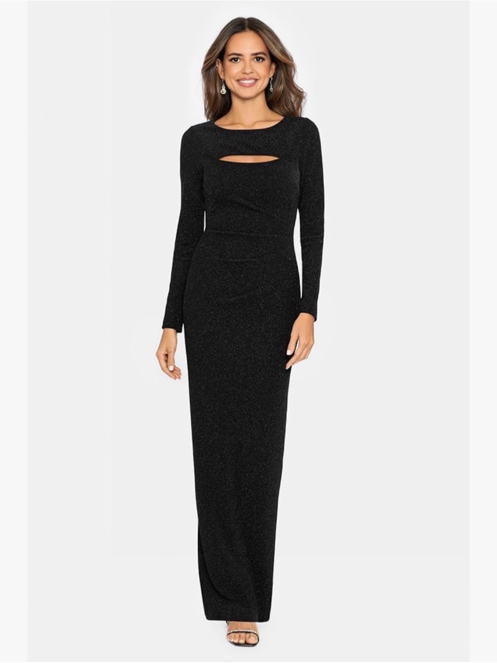 NEW Xscape Long Sleeve Metallic Knit Ruched Back Dress Size 6 Black Maxi NWT